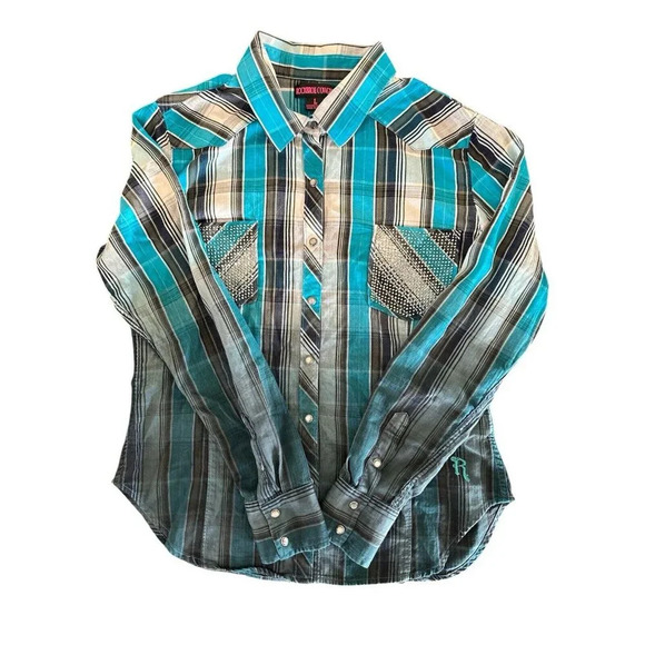 Rock & Roll Cowgirl Women's Size L Button Down Blue Black Pearl Snaps Western - Picture 5 of 13